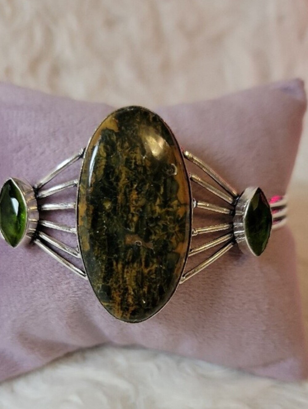 Sterling Silver Bumble Bee Jasper And Synthetic Peridot Cuff Bracelet